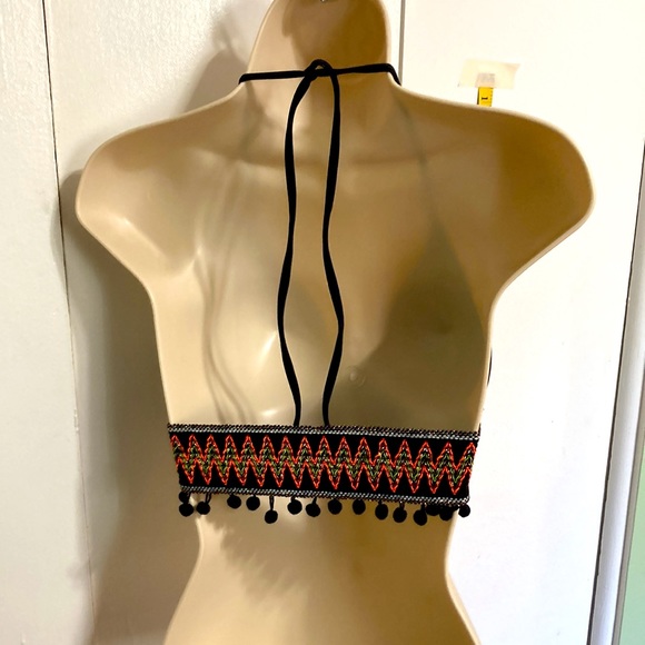 POM POM Triangle Halter Bellydance Athletic Bikini Swimsuit Top Womens Medium - Picture 8 of 13